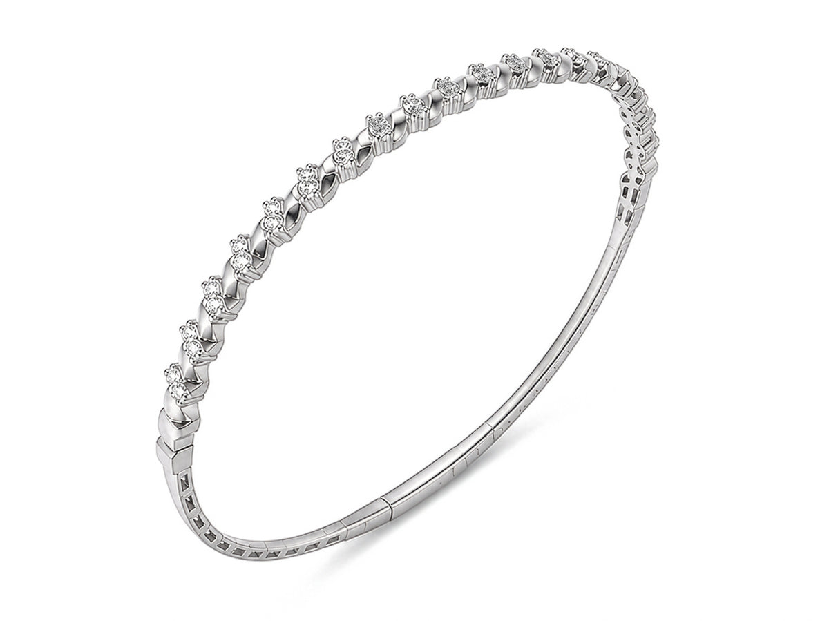 925 Sterling Silver Flexible Bangle Bracelet with Alternating Sections of Diamonds and Polished Metal Links