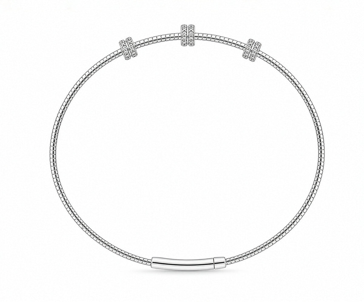 925 Sterling Silver Flexible Bangle Bracelet with Diamond Clusters