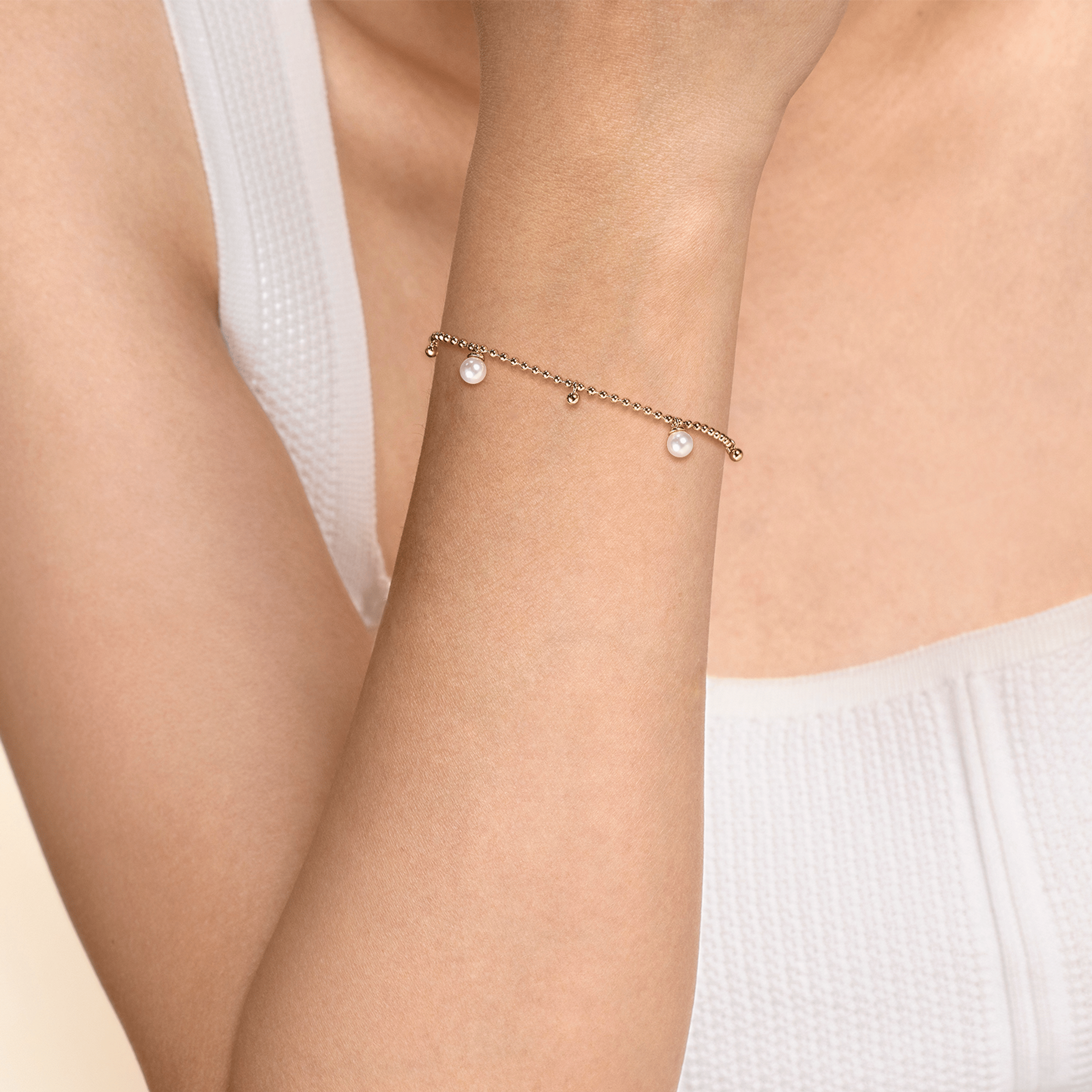 14K Yellow Gold Beaded Pearl Droplet Bracelet