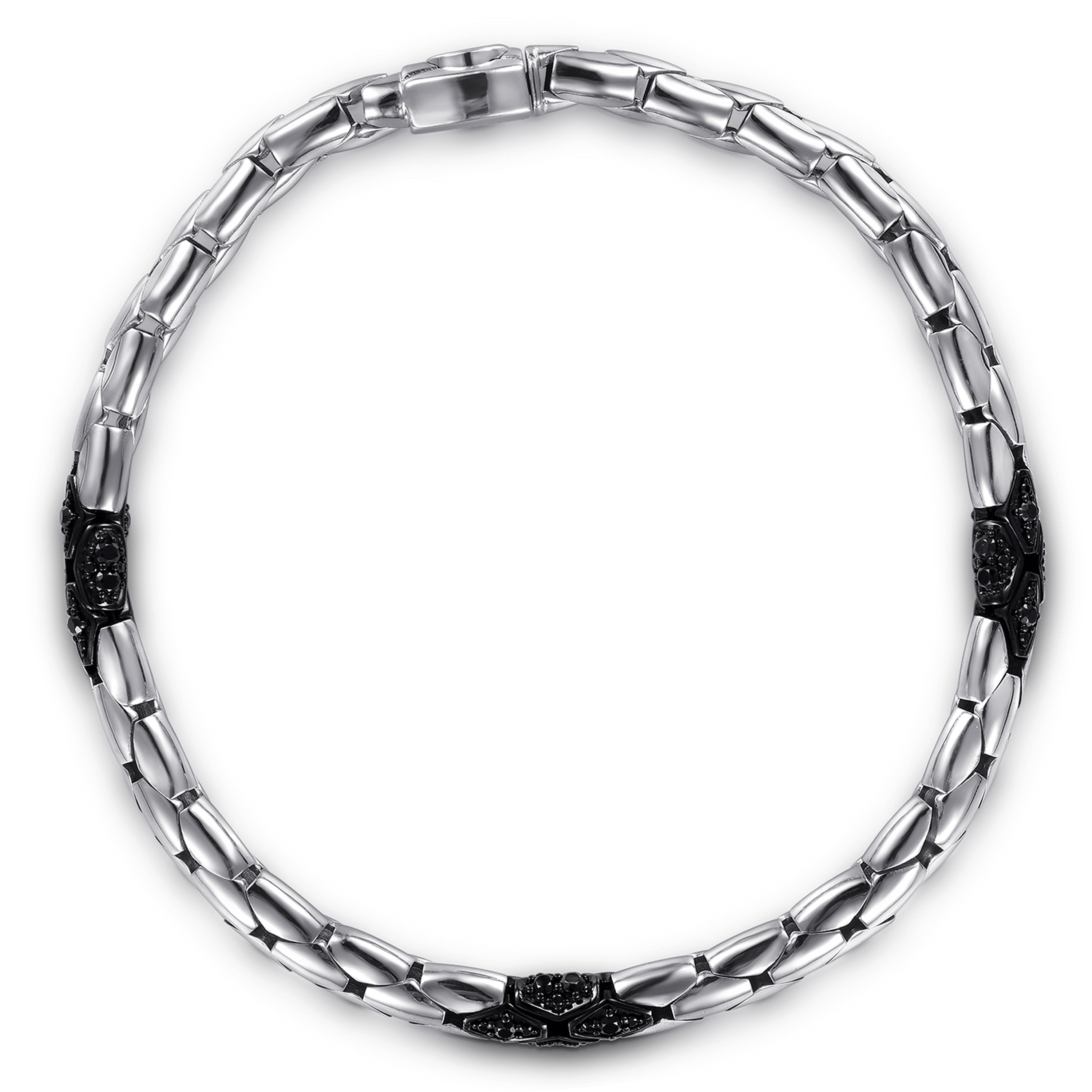 925 Sterling Silver Black Spinel Tubular Men's Hollow Chain Bracelet