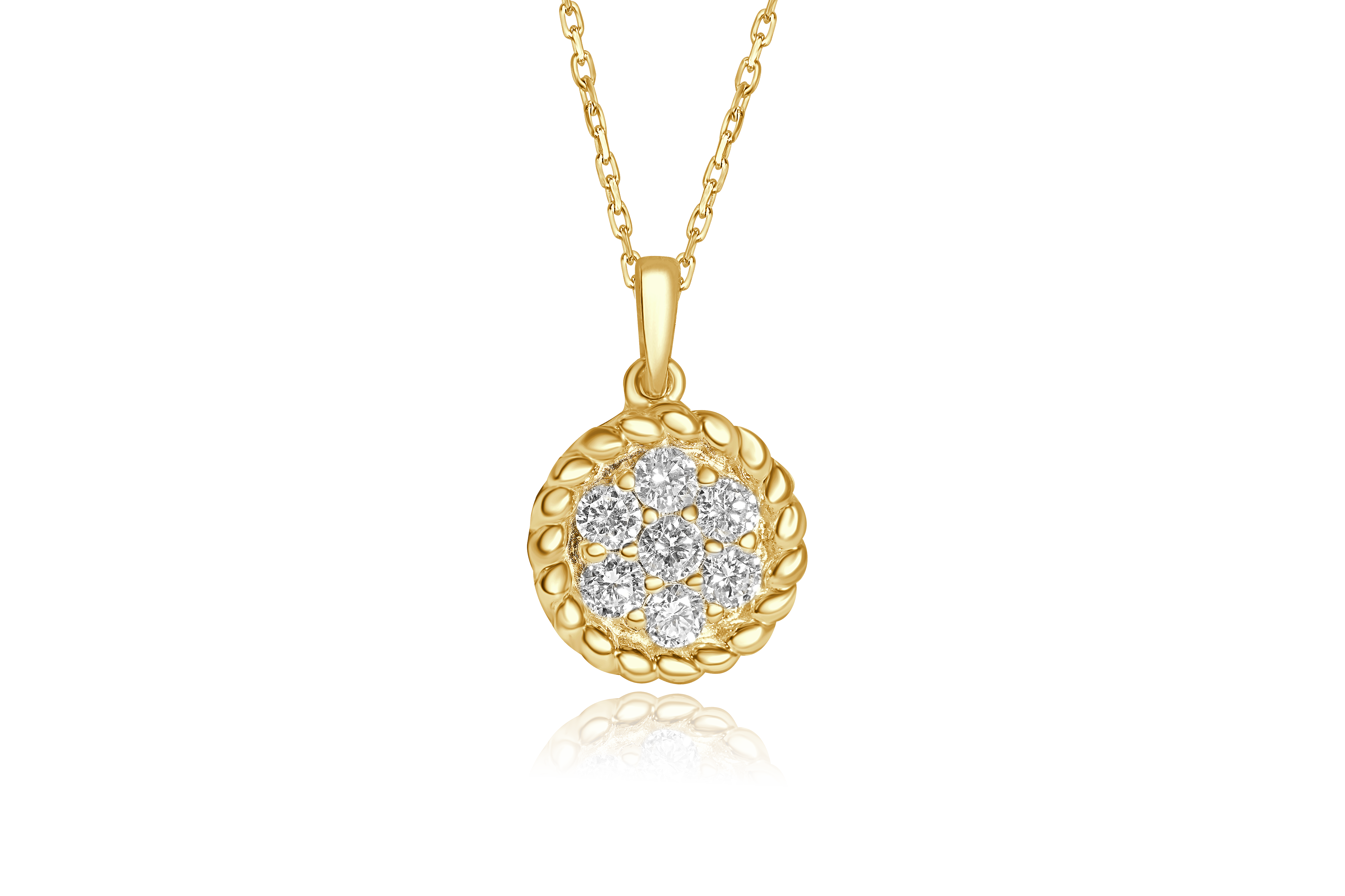 14K Yellow Gold Diamond Cluster With Bead Border