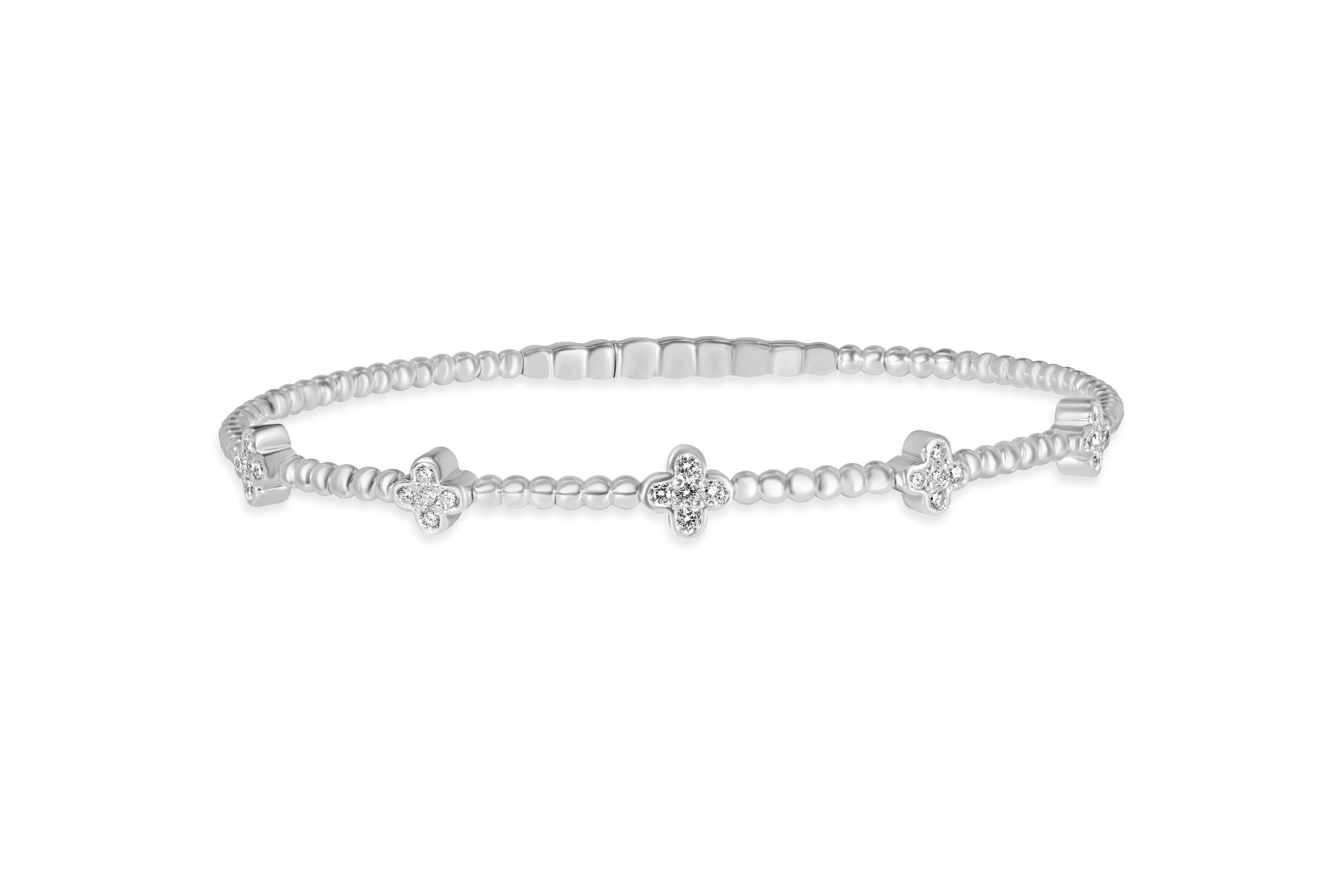 Sterling Silver Beaded Natural Diamond Accented Clover Station Bangle Bracelet
