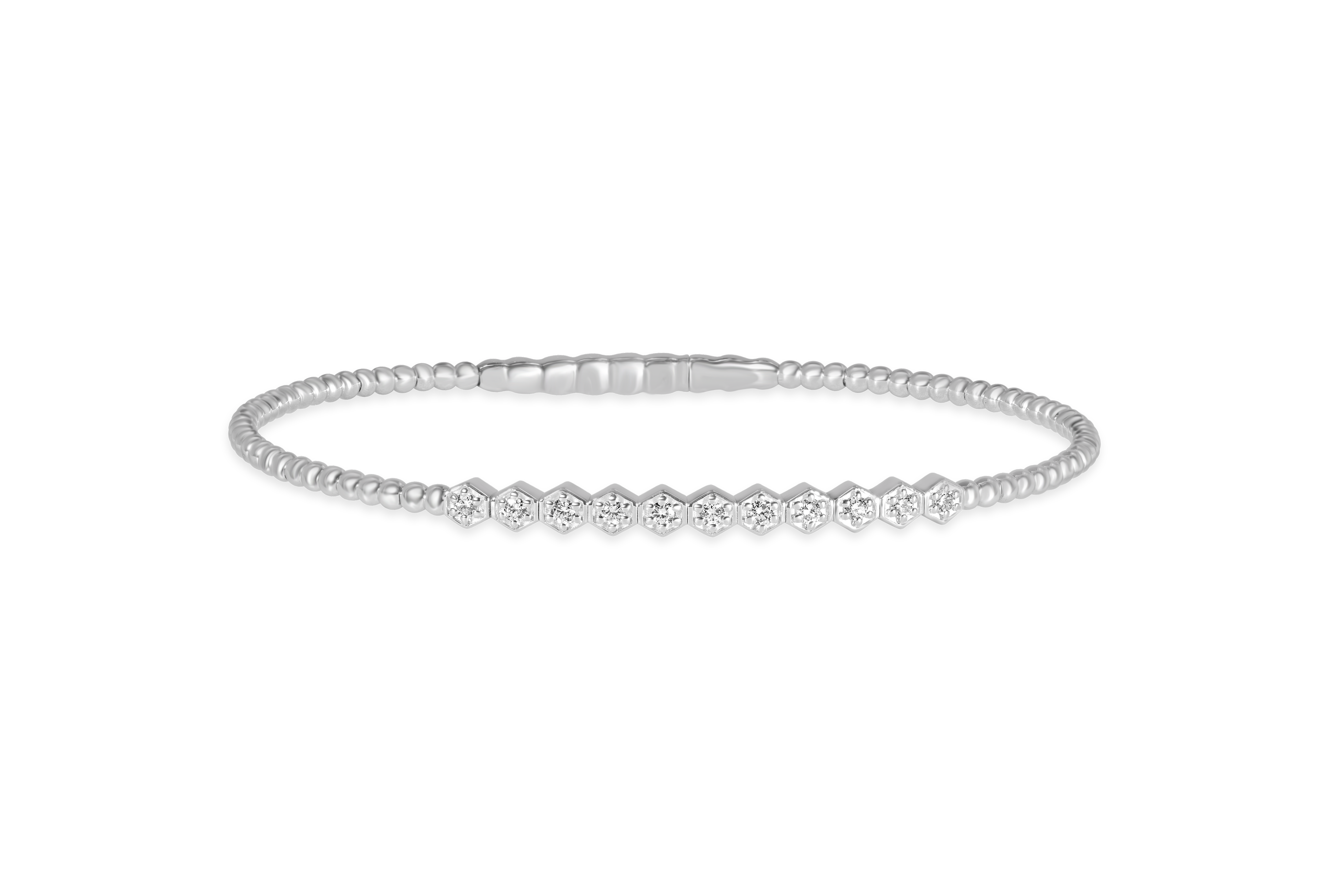 Sterling Silver Beaded Natural Diamond Accented Hexagon Bangle Bracelet