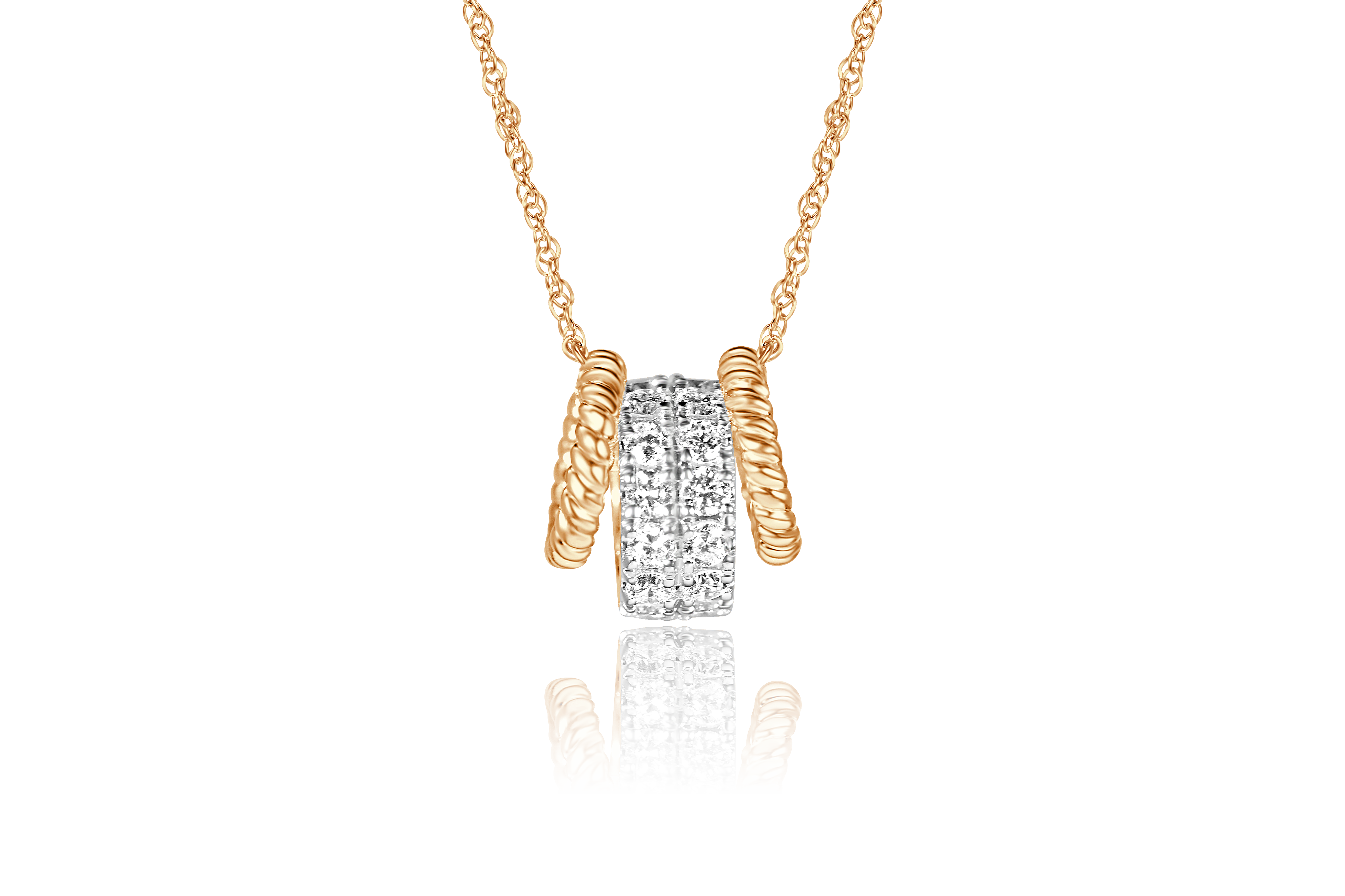 10K Yellow Gold Double Row Diamond and Twist Accented Circle Pendant Necklace