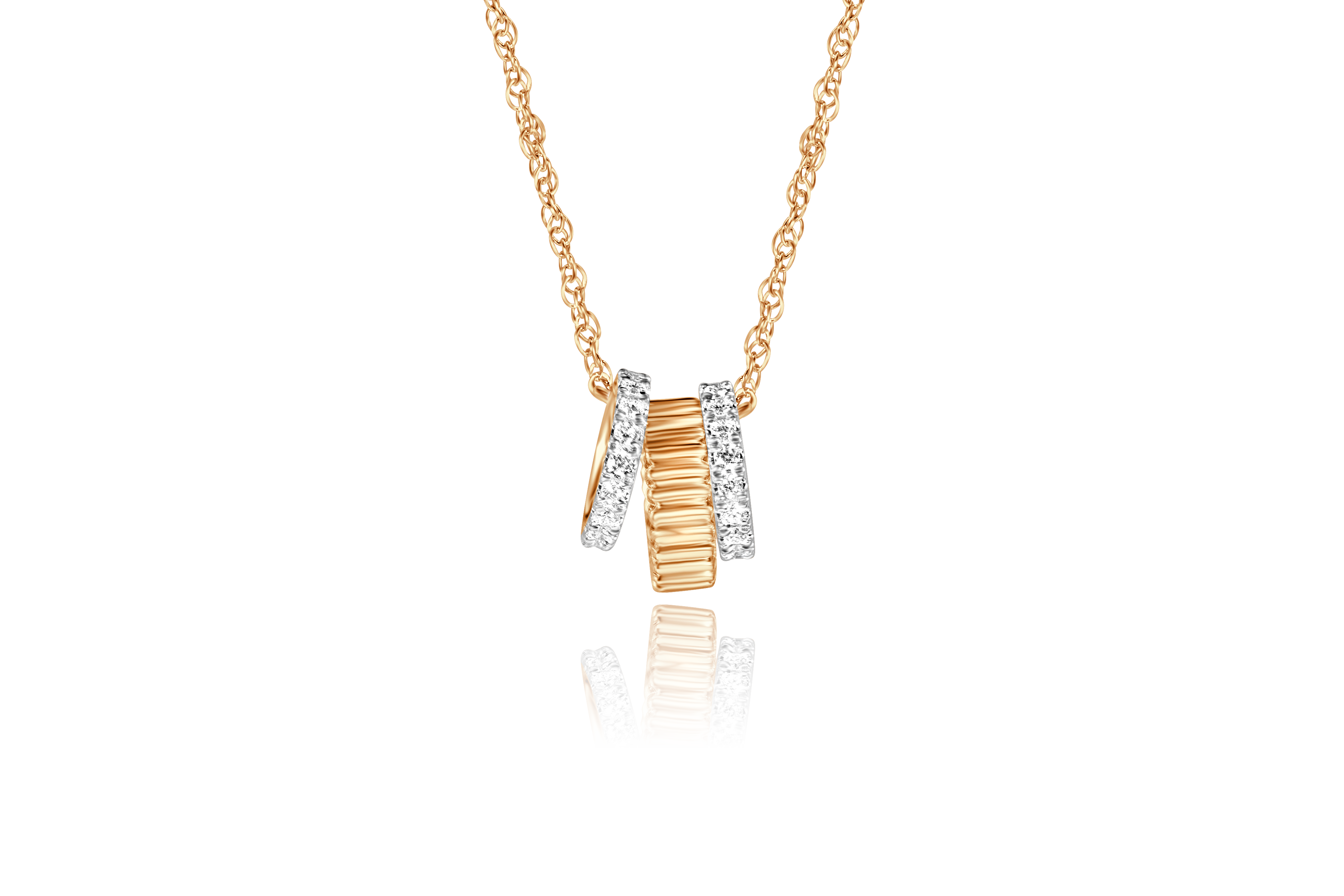10K Yellow Gold Fluted and Diamond Accented Three Circle Pendant Necklace
