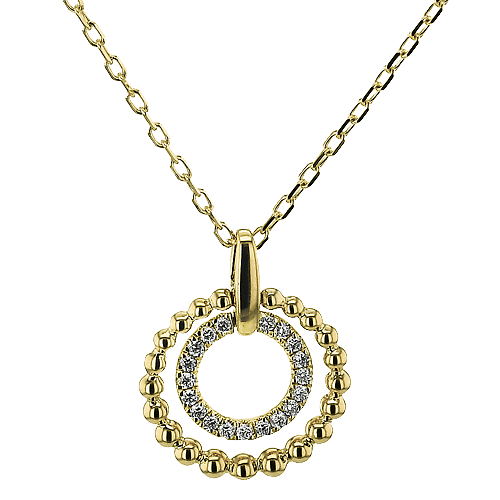 14K Yellow Gold Double Beaded and Diamond Accented Open Circle Pendant Necklace