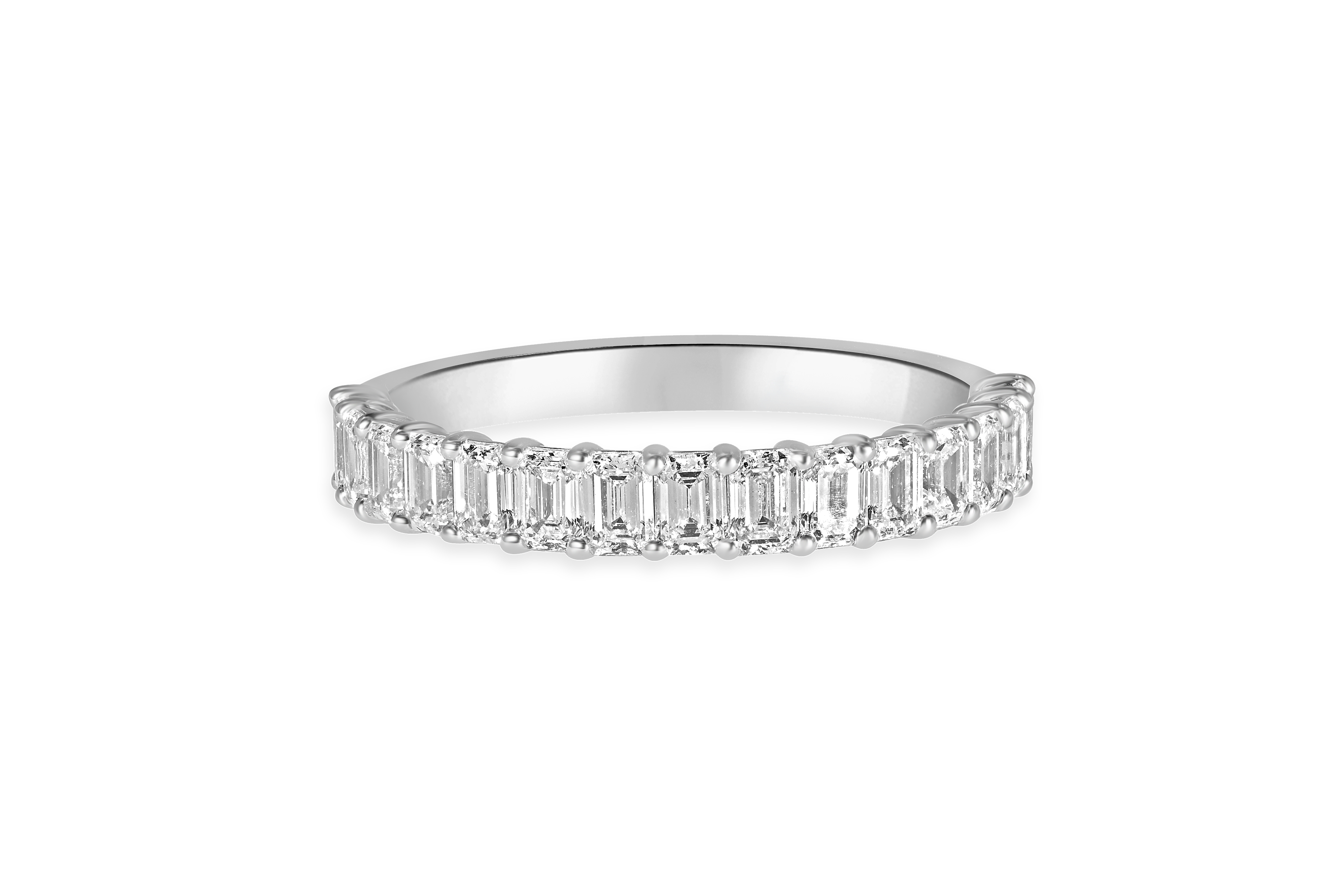 14K White Gold Shared Prong Emerald Cut Diamond Wedding Band