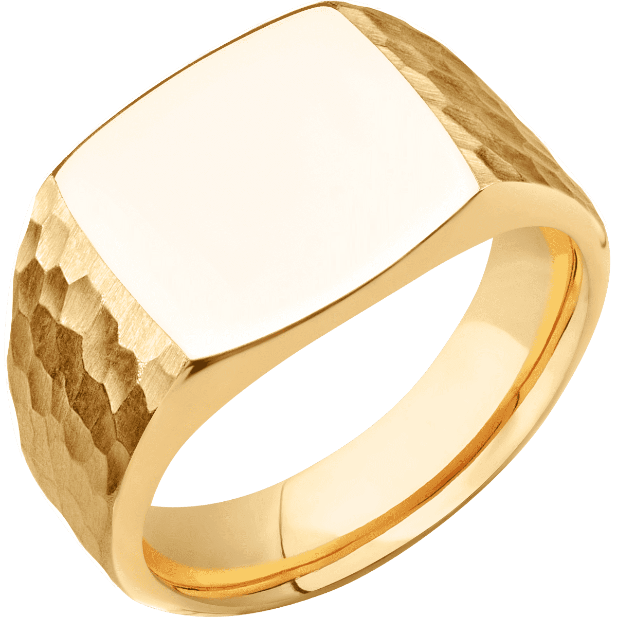 Medium Cushion signet ring (14x14mm) in 14K Yellow Gold, with a Wide style band.