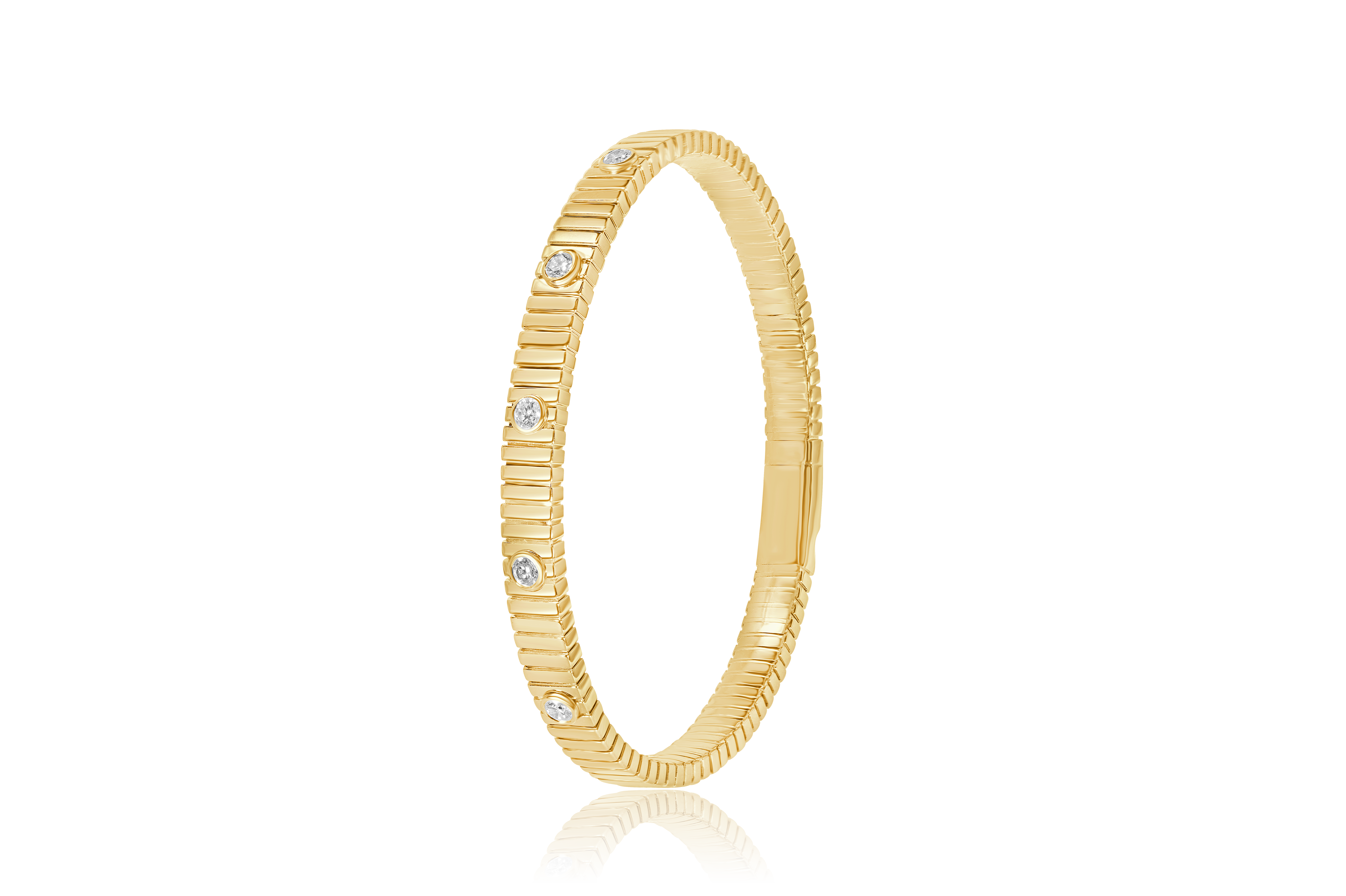 14K Yellow Gold Bezel Set Natural Diamond accented Bar Flexible Bangle Bracelet