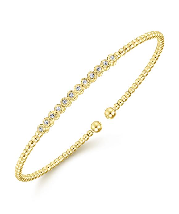 14K Yellow Gold Bujukan Bead Cuff Bracelet with Bezel Set Diamond Stations