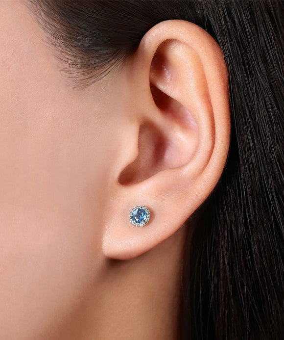 14K White Gold Round Cut Diamond Halo & Swiss Blue Topaz Stud Earrings