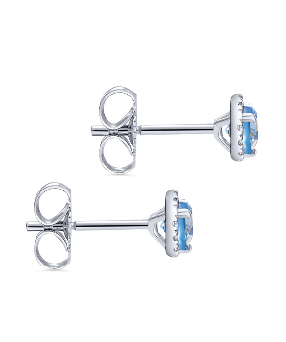 14K White Gold Round Cut Diamond Halo & Swiss Blue Topaz Stud Earrings