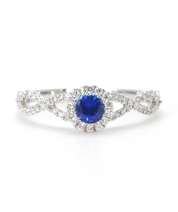 14K White Gold Diamond and 0.32ct Ceylon Sapphire Halo Twist Ring