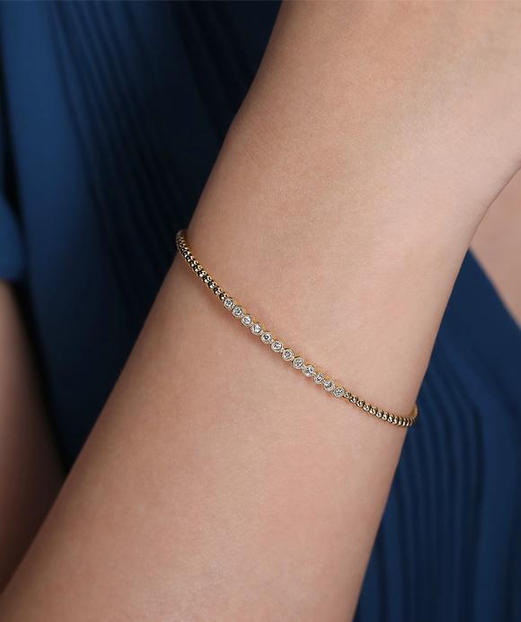 14K Yellow Gold Bujukan Bead Cuff Bracelet with Bezel Set Diamond Stations