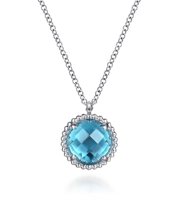 925 Sterling Silver Swiss Blue Topaz Center and Bujukan Frame Pendant Necklace