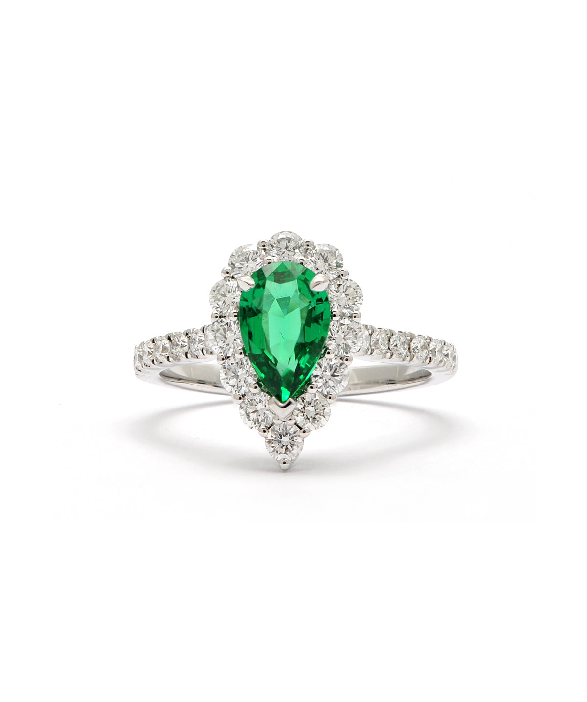 18K White Gold Pear Shaped 0.97ct Emerald & Diamond Halo Ring