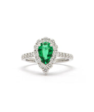 18K White Gold Pear Shaped 0.97ct Emerald & Diamond Halo Ring