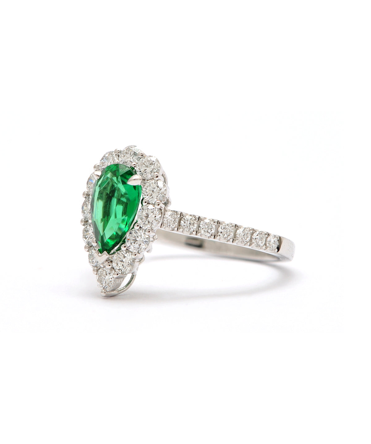 18K White Gold Pear Shaped 0.97ct Emerald & Diamond Halo Ring