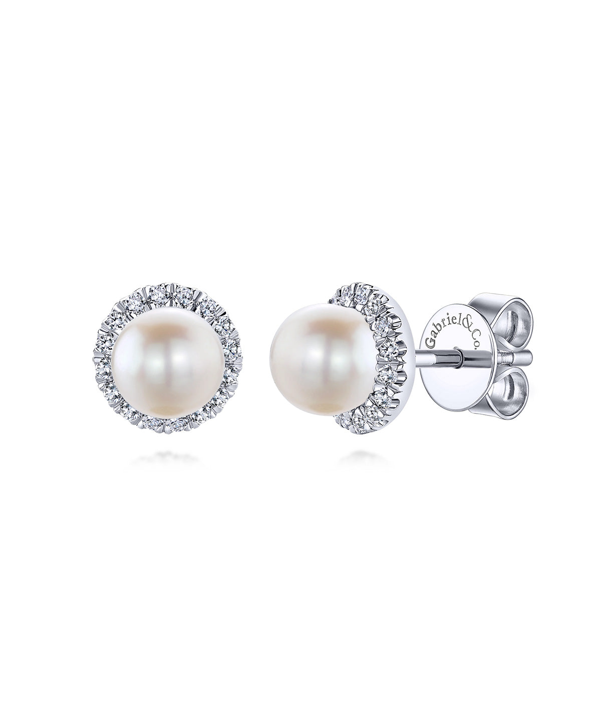14K White Gold Round Diamond Halo Pearl Stud Earrings