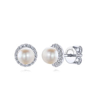 14K White Gold Round Diamond Halo Pearl Stud Earrings