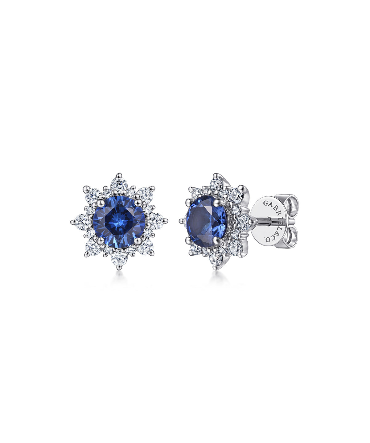 14K White Gold Diamond and 4.5mm Blue Sapphire Starburst Stud Earrings