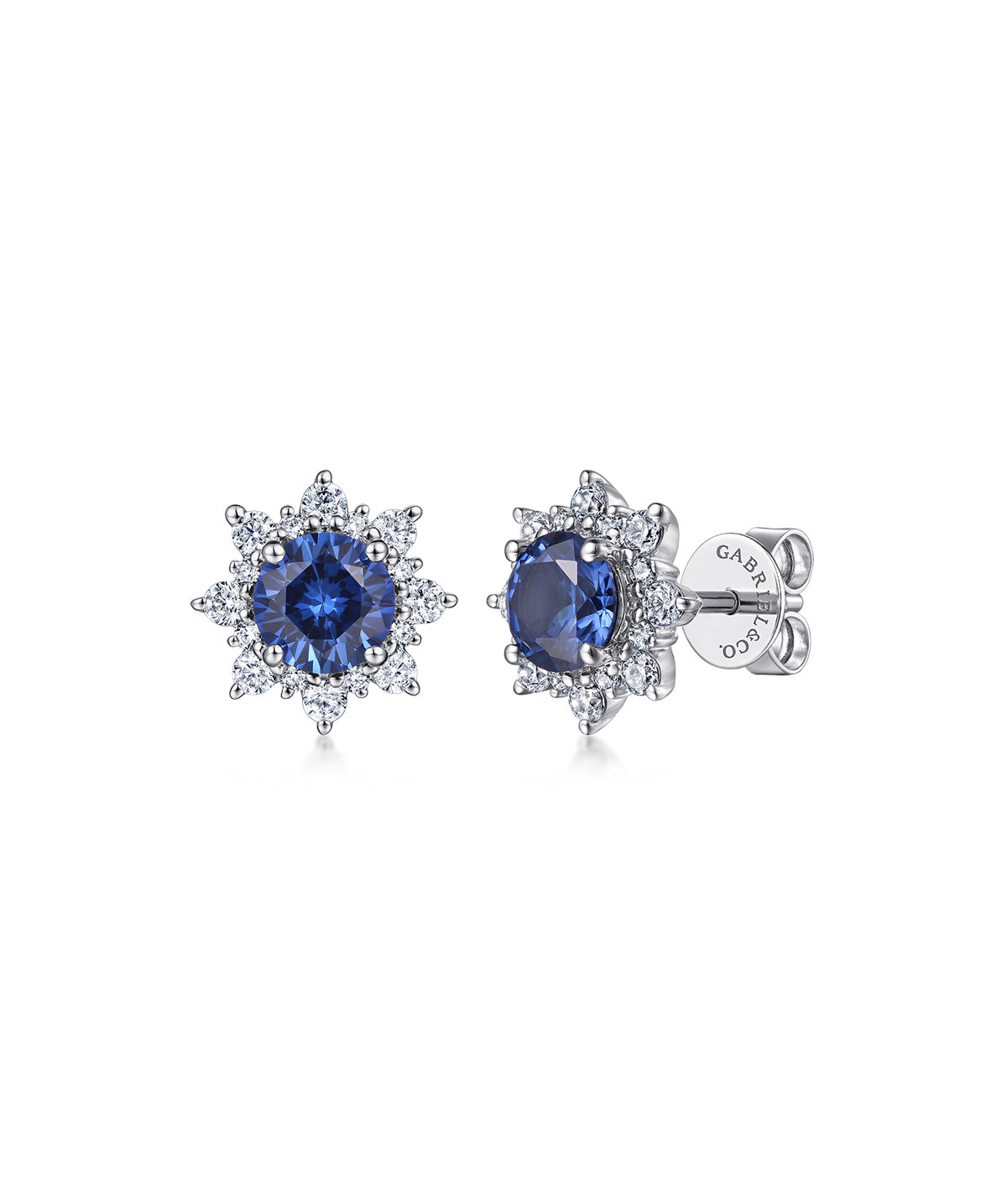 14K White Gold Diamond and Blue Sapphire Starburst Stud Earrings