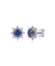 14K White Gold Diamond and 4.5mm Blue Sapphire Starburst Stud Earrings