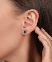 14K White Gold Diamond and 4.5mm Blue Sapphire Starburst Stud Earrings