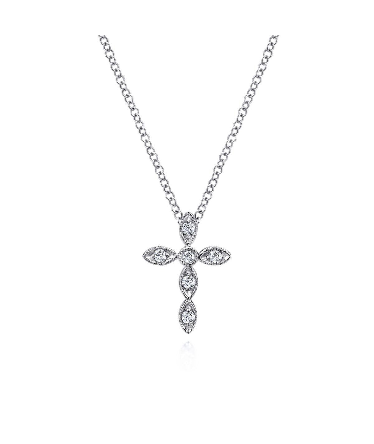 14K White Gold Marquise Shaped Diamond Cross Necklace