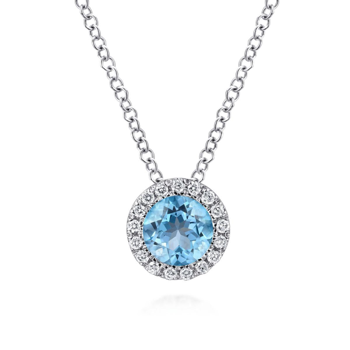 18 inch 14K White Gold Round Swiss Blue Topaz and Diamond Halo Necklace