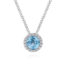 18 inch 14K White Gold Round Swiss Blue Topaz and Diamond Halo Necklace