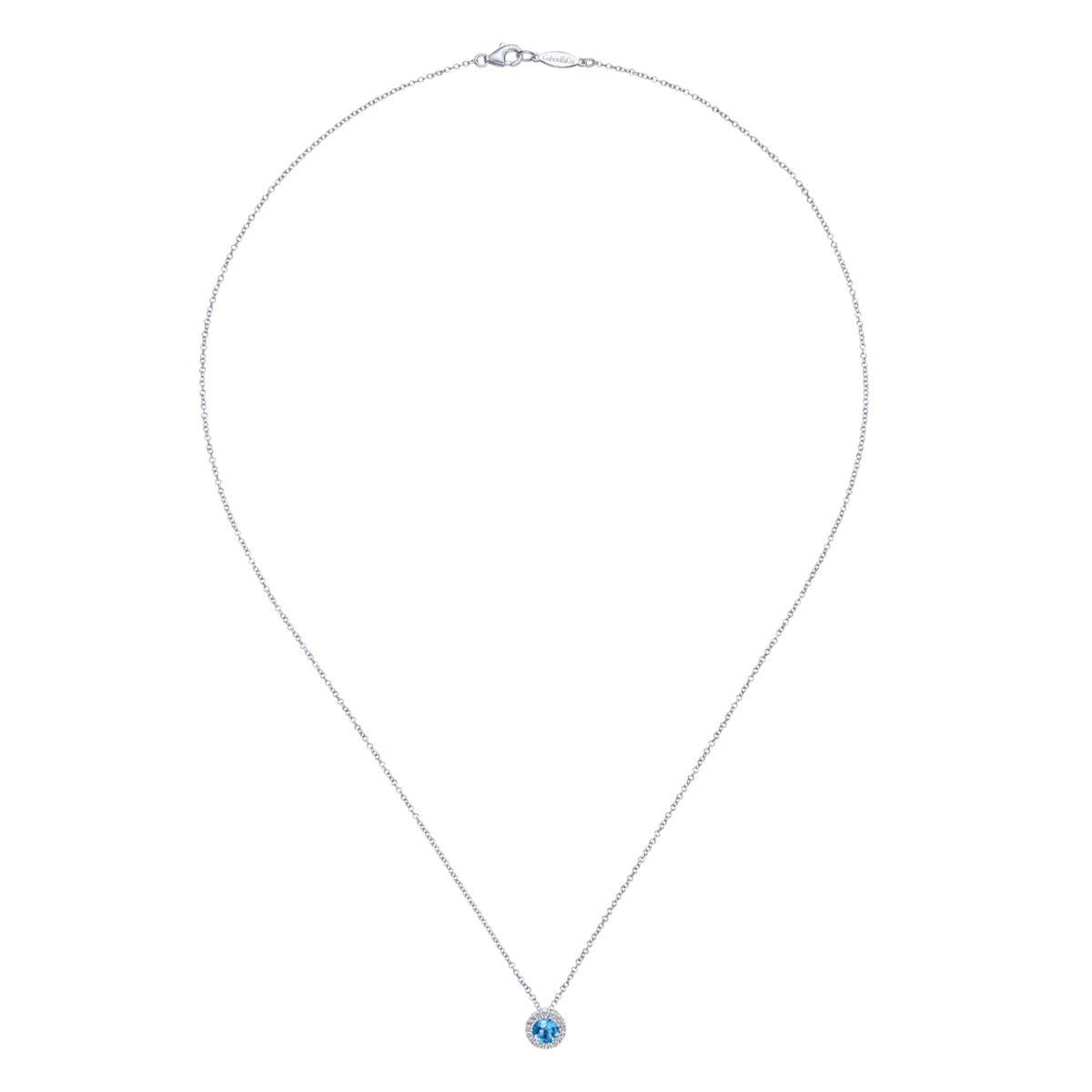 18 inch 14K White Gold Round Swiss Blue Topaz and Diamond Halo Necklace