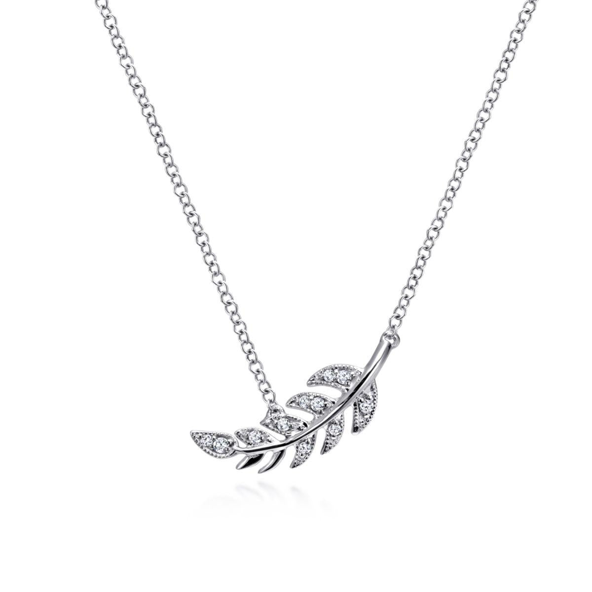 14K White Gold Diamond Leaf Pendant Necklace