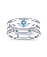 14K White Gold Triple Row Diamond and Blue Topaz Ring