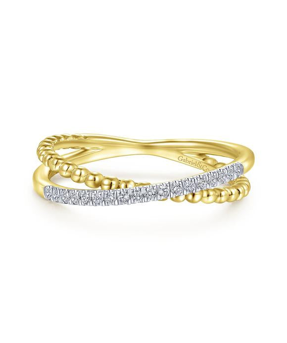 14K Yellow Gold Beaded Pave Diamond Criss Cross Ring