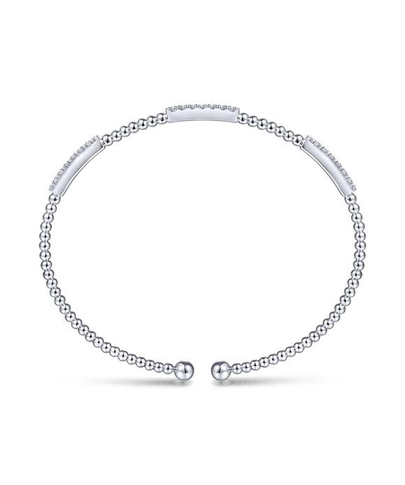 14K White Gold Bujukan Bead Cuff Bracelet with Diamond Pave Stations