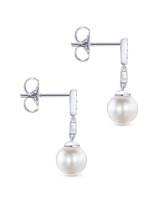 14K White Gold Vintage Inspired Style Diamond Pearl Drop Earrings