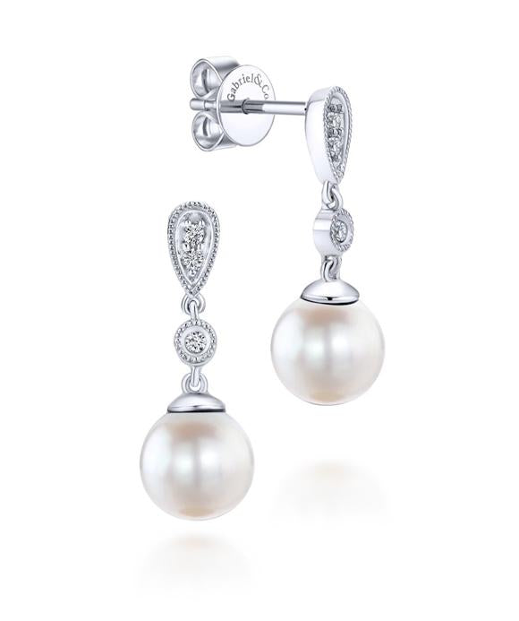 14K White Gold Vintage Inspired Style Diamond Pearl Drop Earrings