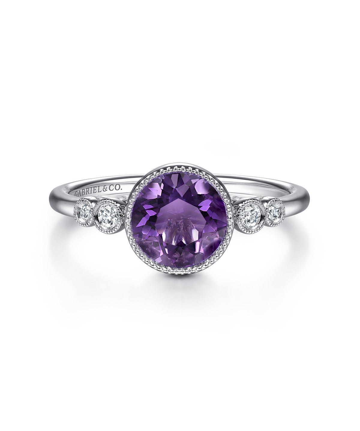 14K White Gold Round Bezel Set 5mm Amethyst and Diamond Ring