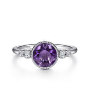 14K White Gold Round Bezel Set 5mm Amethyst and Diamond Ring