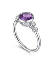 14K White Gold Round Bezel Set 5mm Amethyst and Diamond Ring