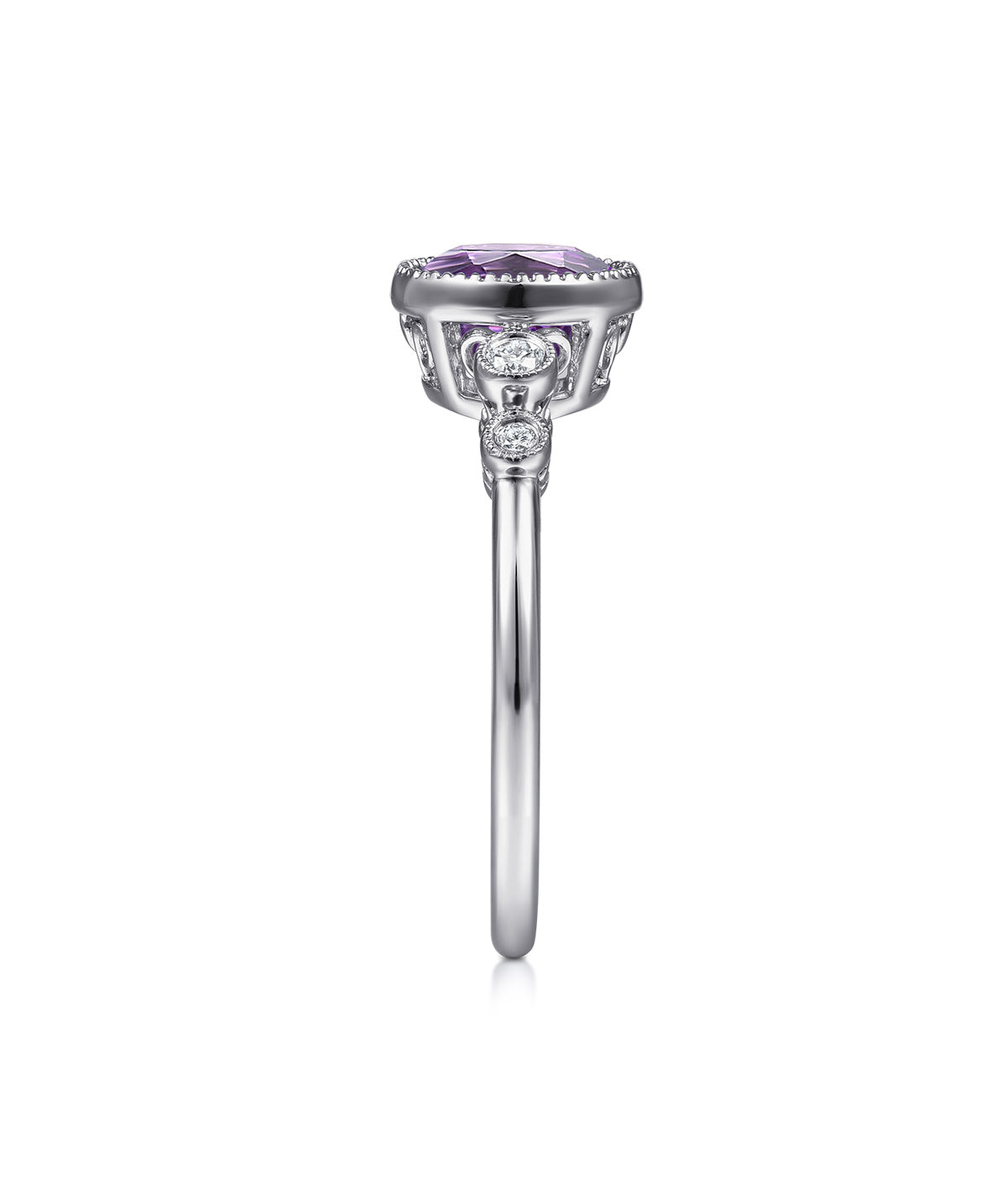 14K White Gold Round Bezel Set 5mm Amethyst and Diamond Ring