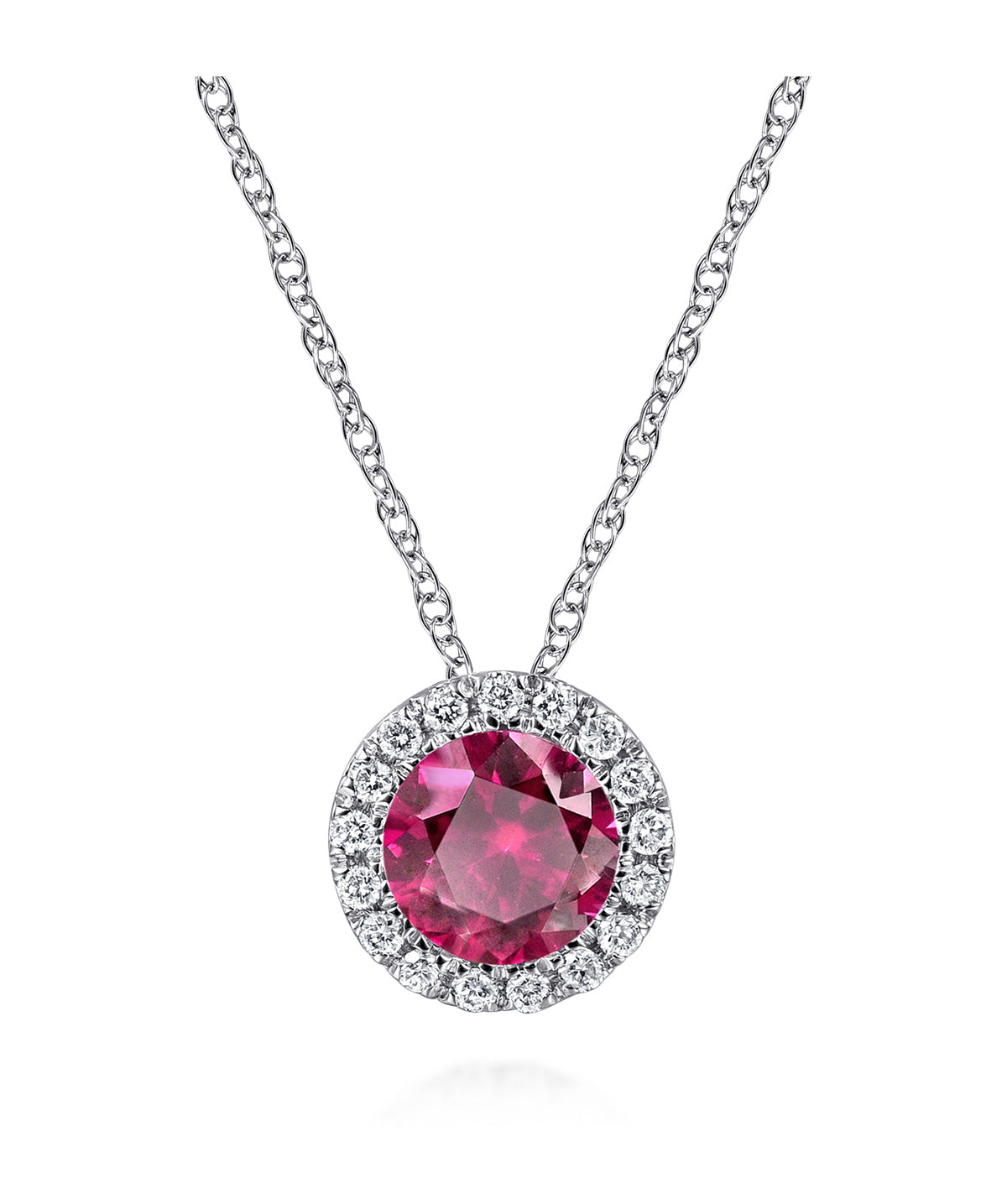 14K White Gold Ruby and Diamond Halo Pendant Necklace