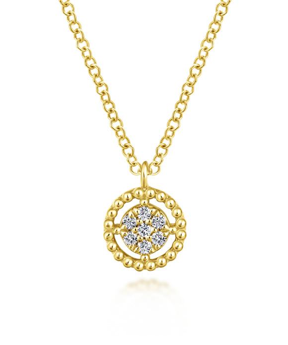 14K Yellow Gold Beaded Round Floating Diamond Pendant Necklace