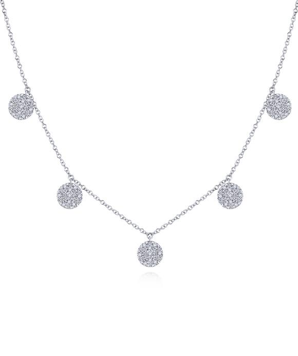 14K White Gold Diamond Choker Necklace with Pavé Diamond Disc Drops
