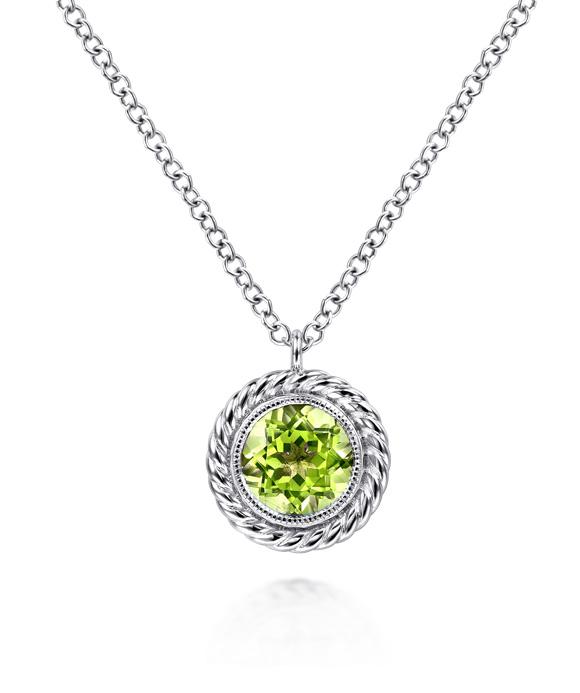 14K White Gold Round Peridot and Twisted Rope Pendant Necklace