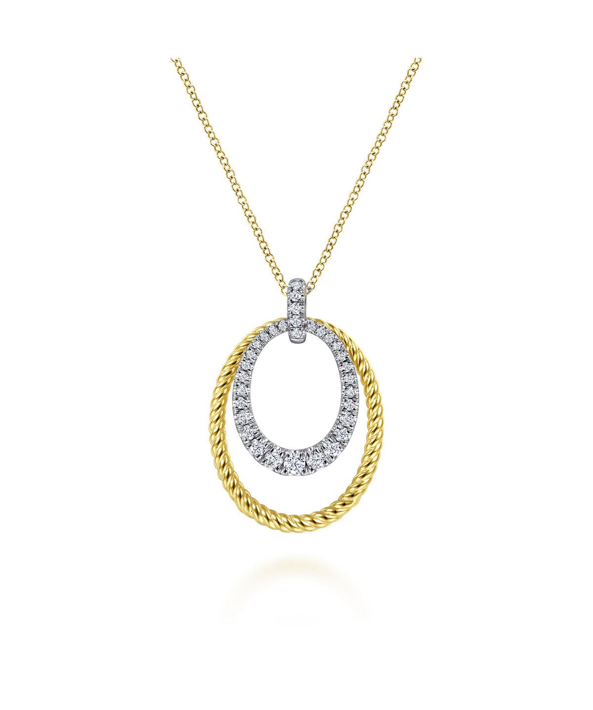 14K White-Yellow Gold Oval Twisted Rope and Pave Diamond Pendant Necklace