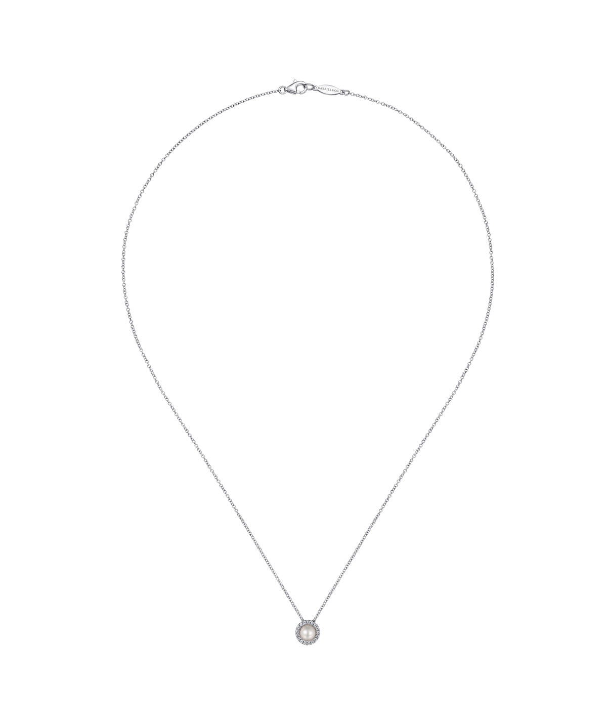 18 Inch 14K White Gold Pearl and Diamond Halo Pendant Necklace