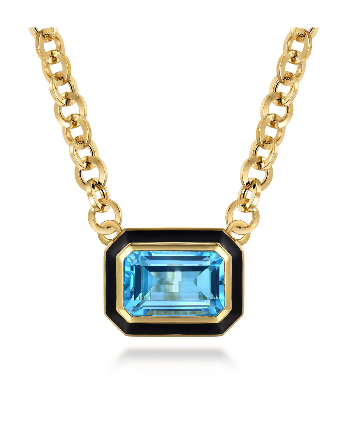 14K Yellow Gold Blue Topaz Emerald Cut Necklace With Flower Pattern J-Back and Black Enamel
